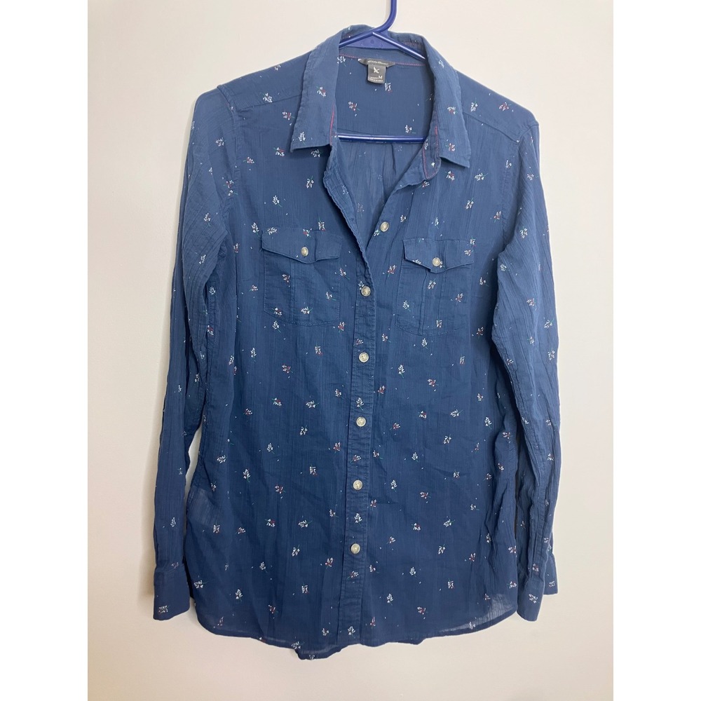 Eddie Bauer Button Down Shirt Womens M Blue Excellent Floral Cotton Long Sleeve